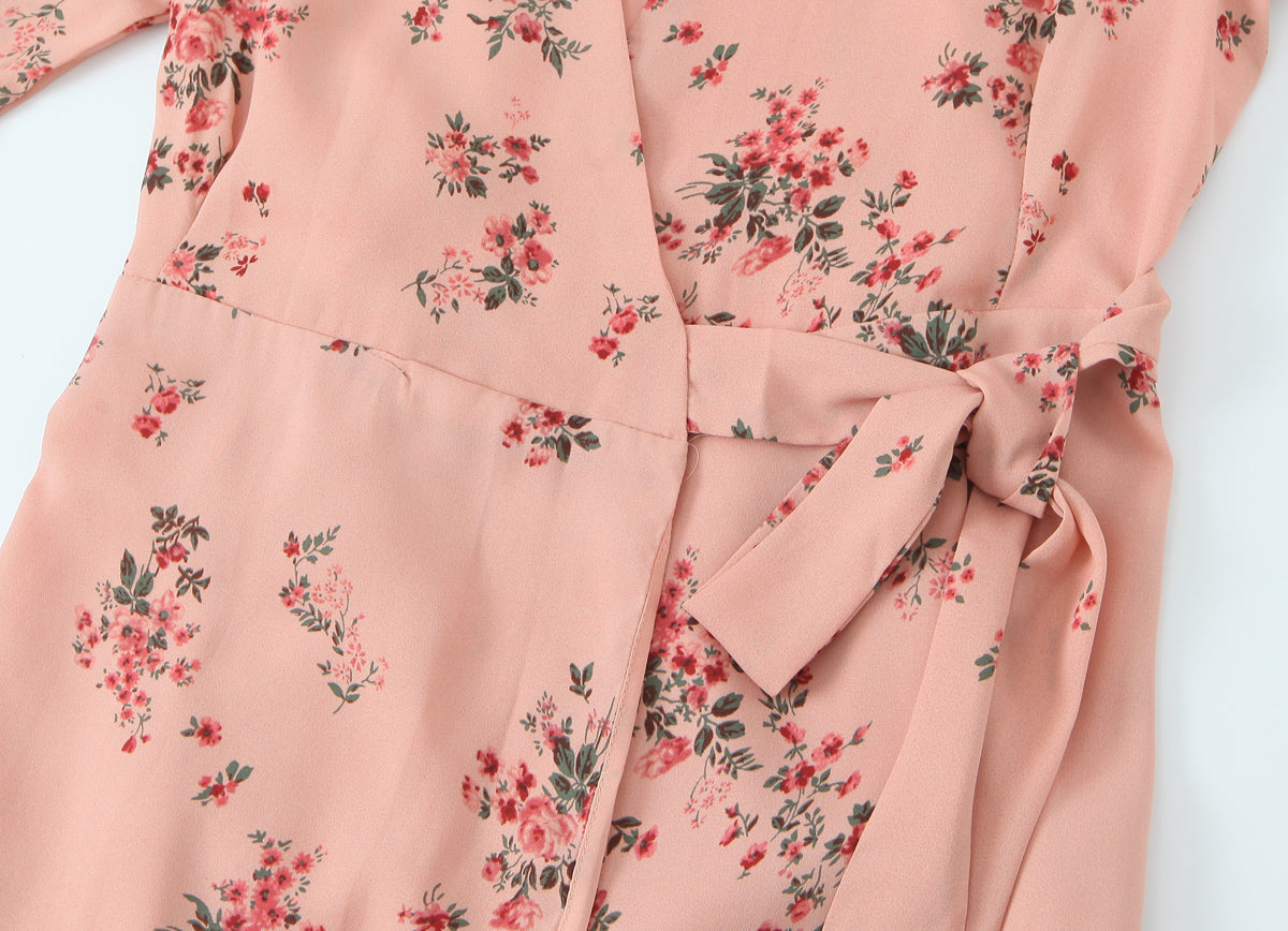 Spring French Floral Printed V neck Ruffled Cropped Sleeve Lace up Stomach Blanket Dress
