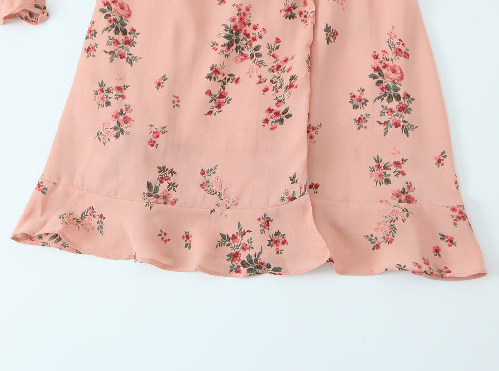 Spring French Floral Printed V neck Ruffled Cropped Sleeve Lace up Stomach Blanket Dress