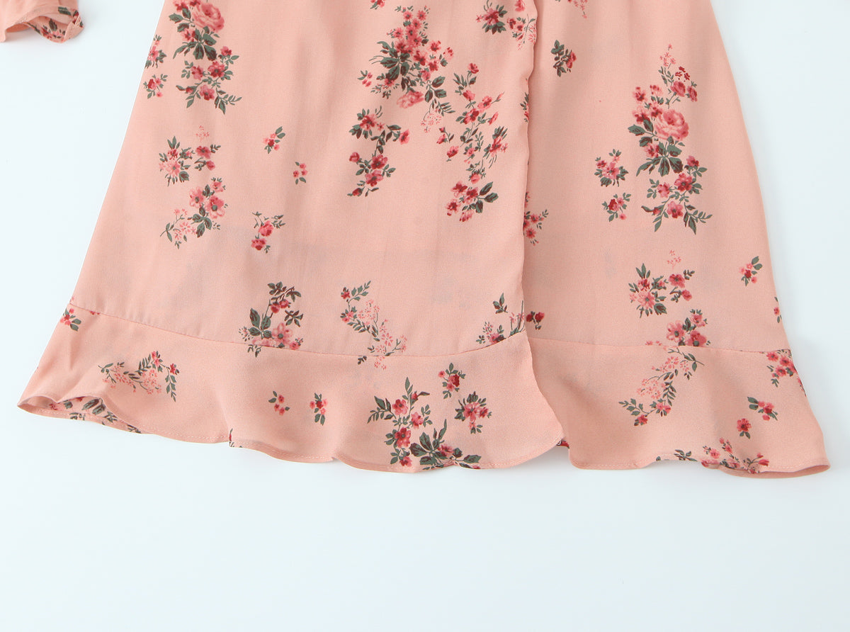 Spring French Floral Printed V neck Ruffled Cropped Sleeve Lace up Stomach Blanket Dress