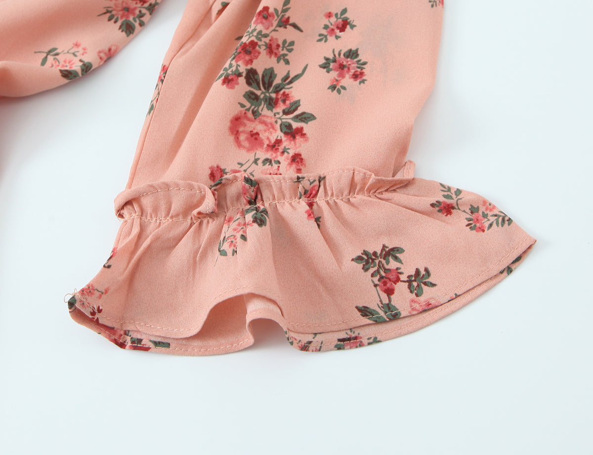 Spring French Floral Printed V neck Ruffled Cropped Sleeve Lace up Stomach Blanket Dress