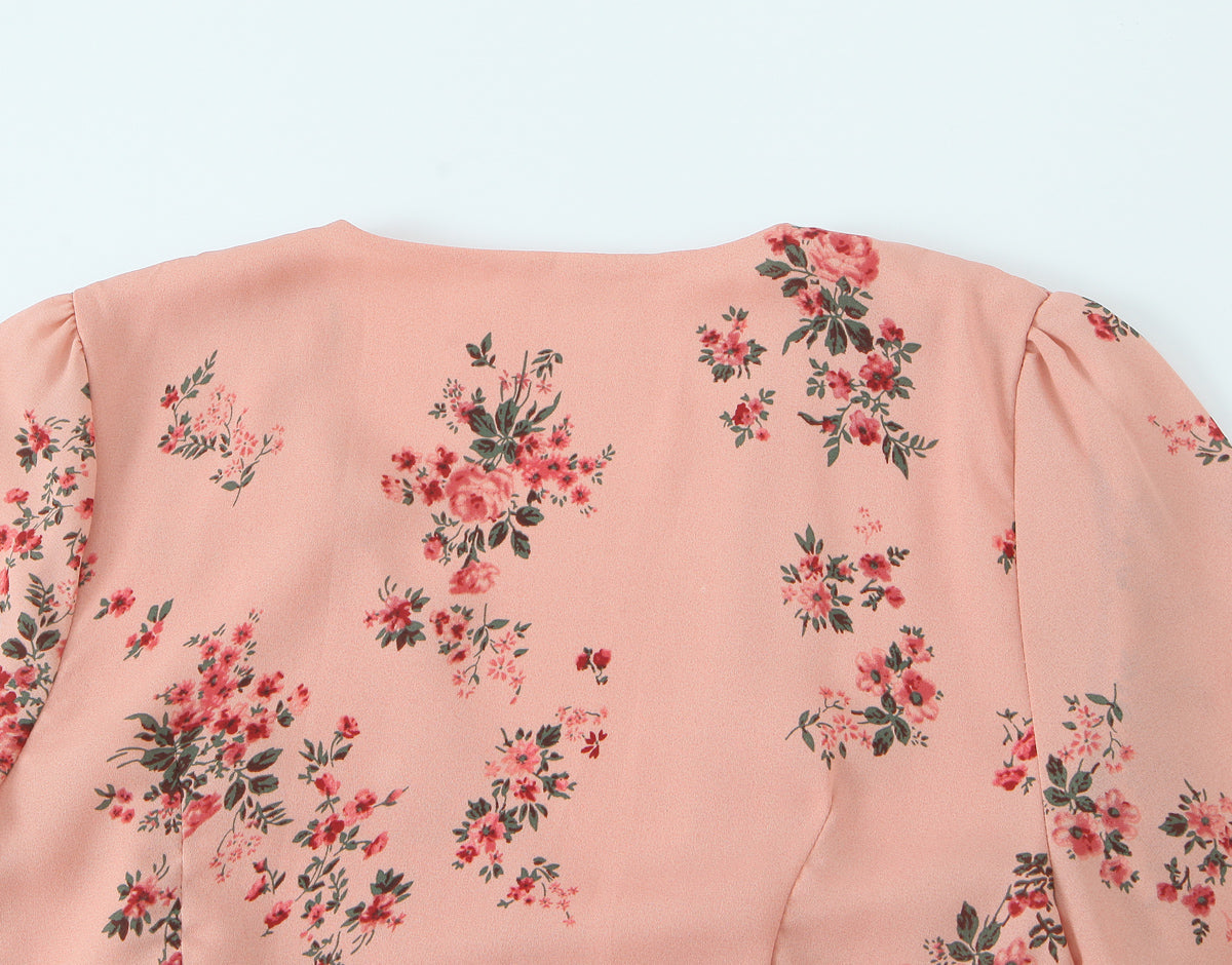Spring French Floral Printed V neck Ruffled Cropped Sleeve Lace up Stomach Blanket Dress