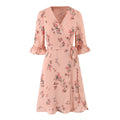 Spring French Floral Printed V neck Ruffled Cropped Sleeve Lace up Stomach Blanket Dress