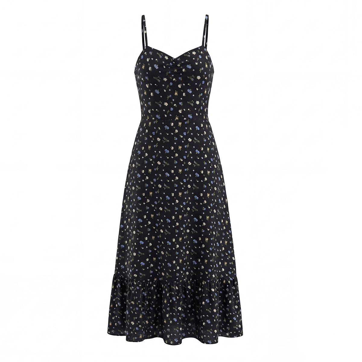 Spring French Floral Printed Waist Controlled Slimming All Matching Long Strap Dress