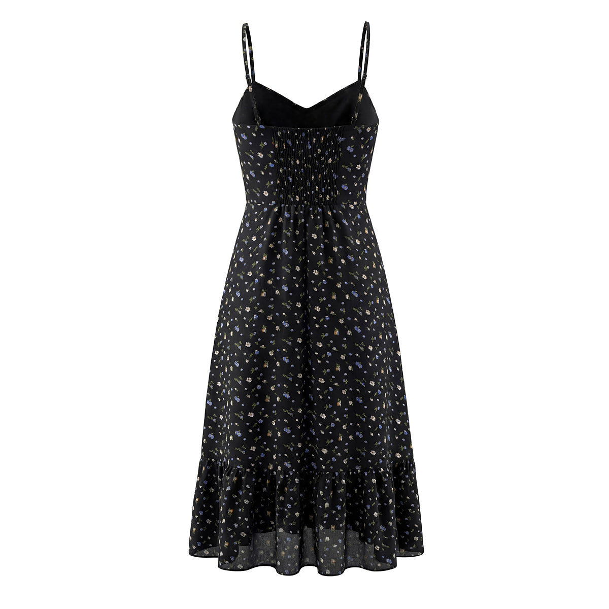Spring French Floral Printed Waist Controlled Slimming All Matching Long Strap Dress