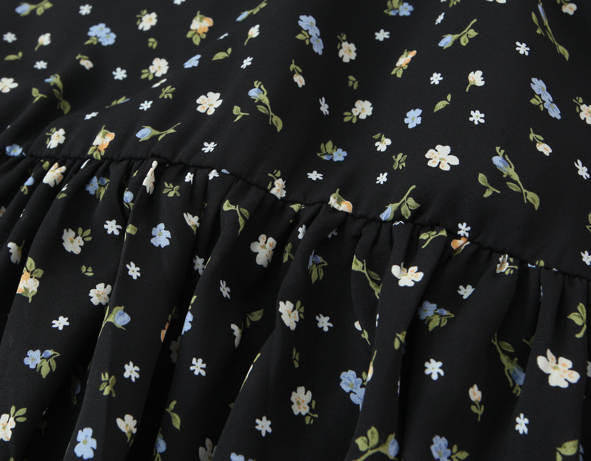 Spring French Floral Printed Waist Controlled Slimming All Matching Long Strap Dress