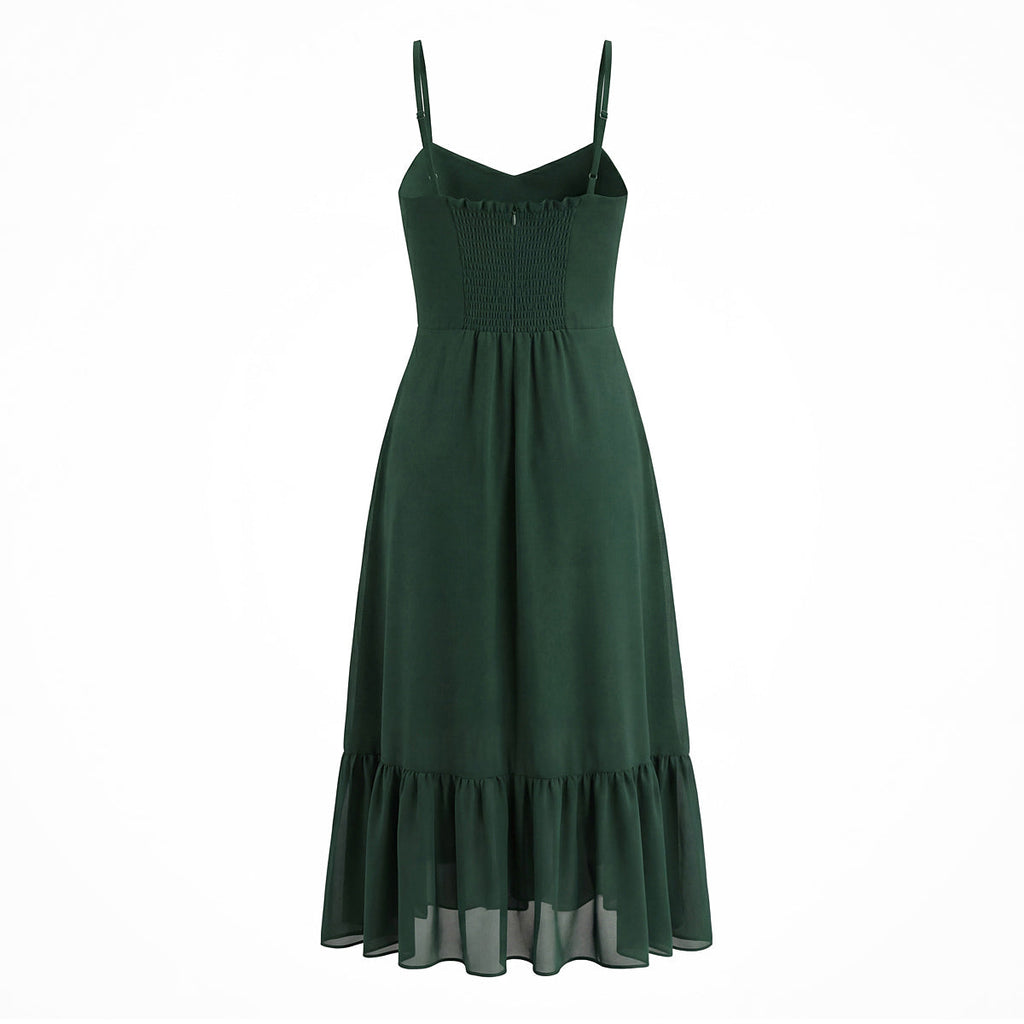 French Waist Tight Green Suspenders Dress for Women Slim Fit Ruffled Retro Slim Fit Holiday Chiffon Maxi Dress