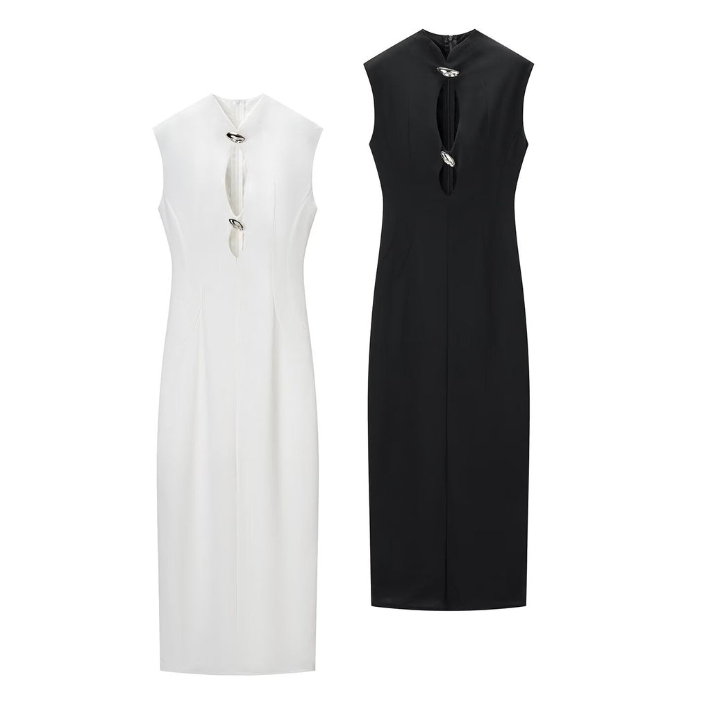 Autumn Winter Sexy Sexy Solid Color Slim Sleeveless Hollow Out Cutout Dress