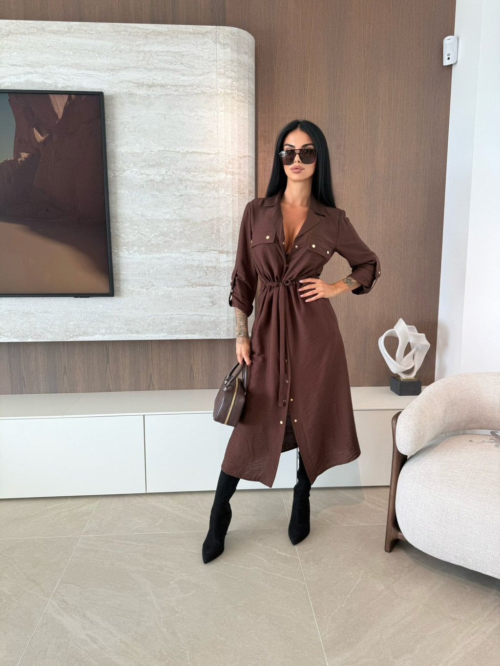 Women Clothing Spring Summer Popular Solid Color Long Sleeve Single Dress