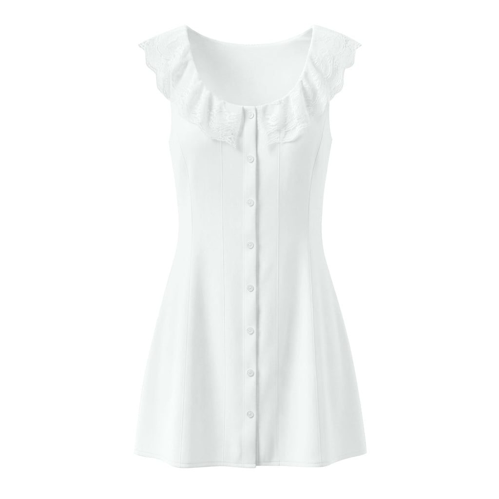 Spring French Slim Lace Square Collar Single Breasted Cinched Sleeveless Mini Dress