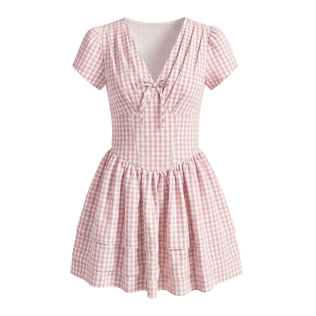Women Clothing Spring Sweet Youthful Short Slim Plaid Waist Tight A line Dress