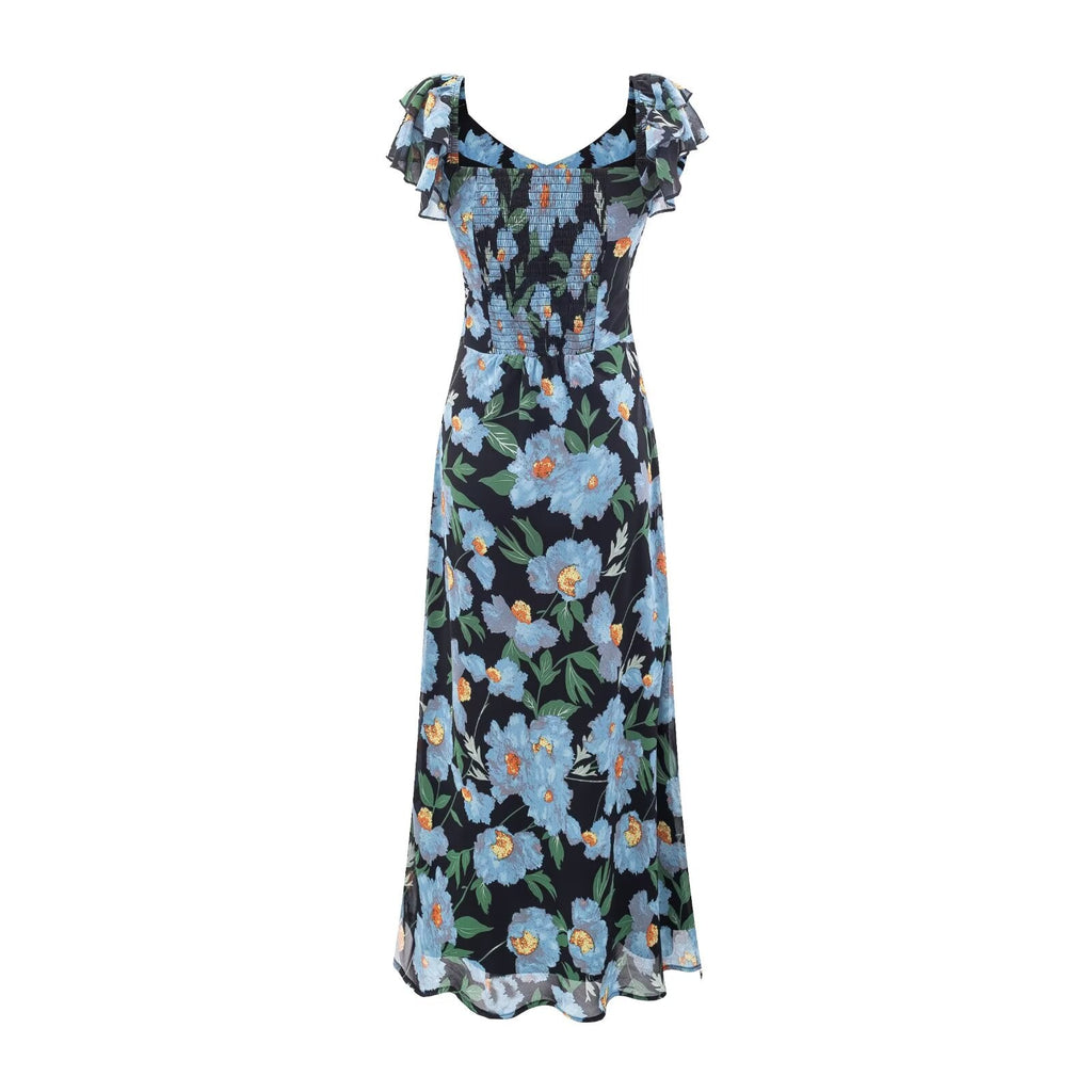 Summer Pastoral Fresh Beautiful Vacation Flying Sleeves Printed Waist Controlled Dress