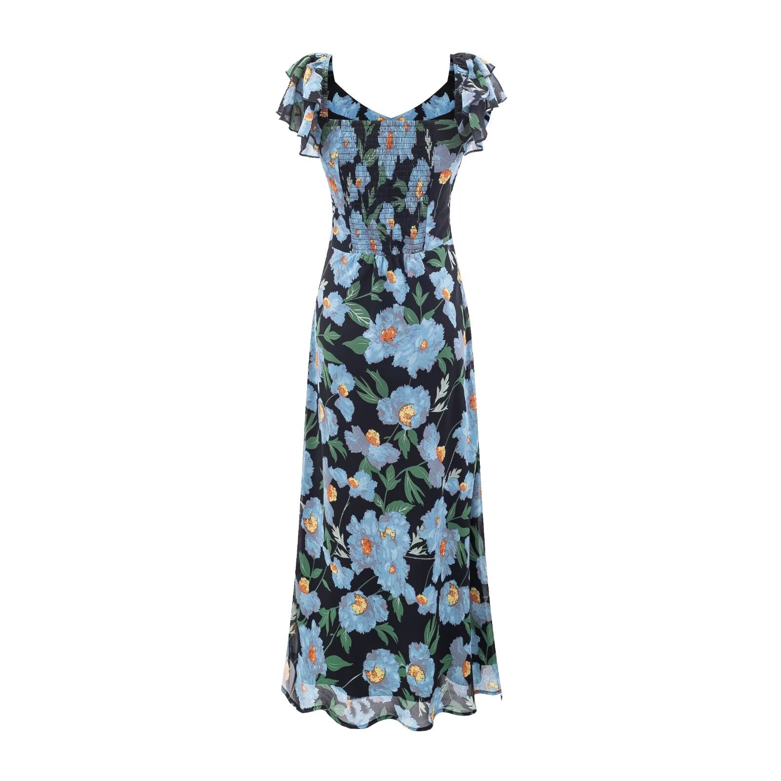 Summer Pastoral Fresh Beautiful Vacation Flying Sleeves Printed Waist Controlled Dress