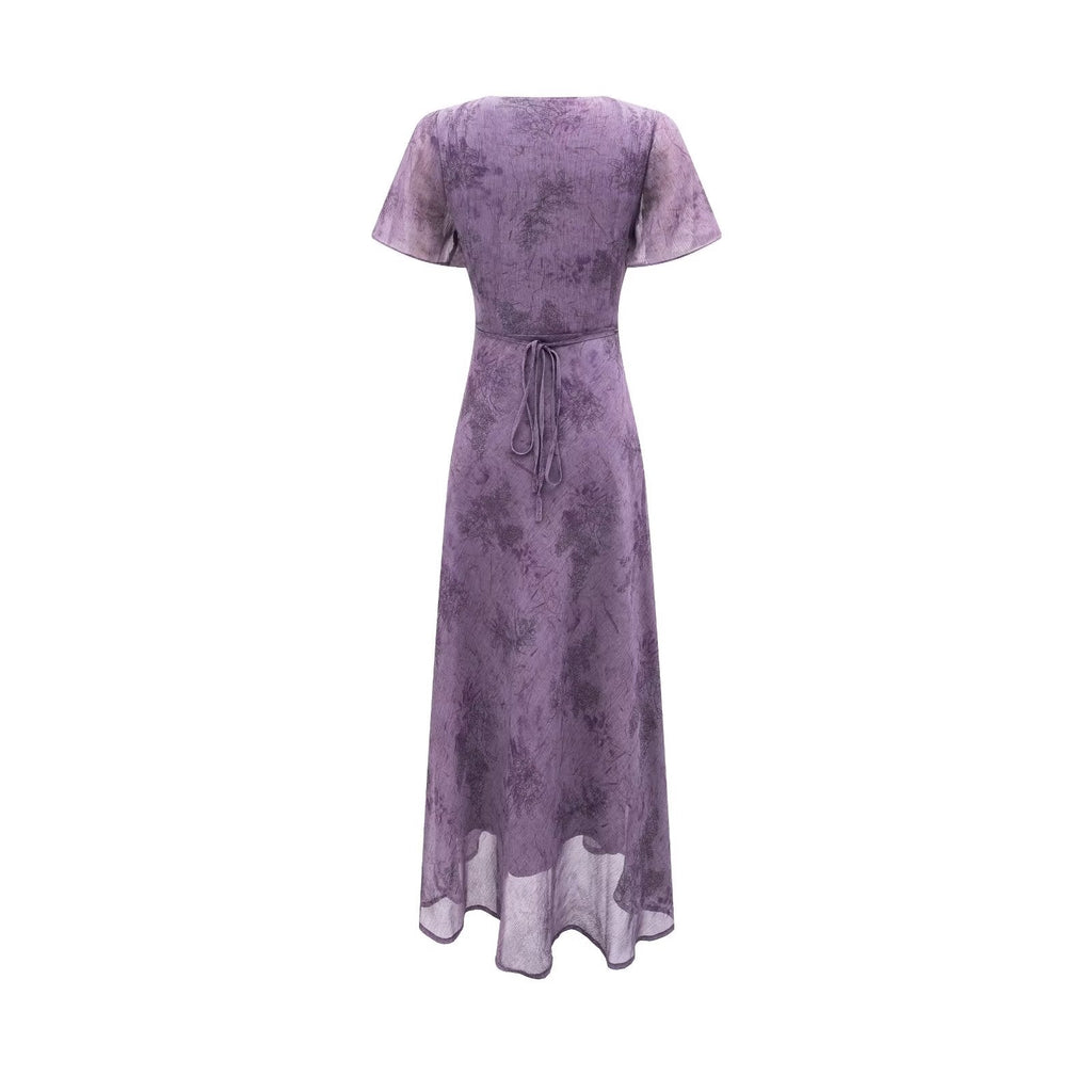 Elegant Slimming V Neckline Pullover Lace Stitching Design Dress Lace up Waist Tight Purple Dress