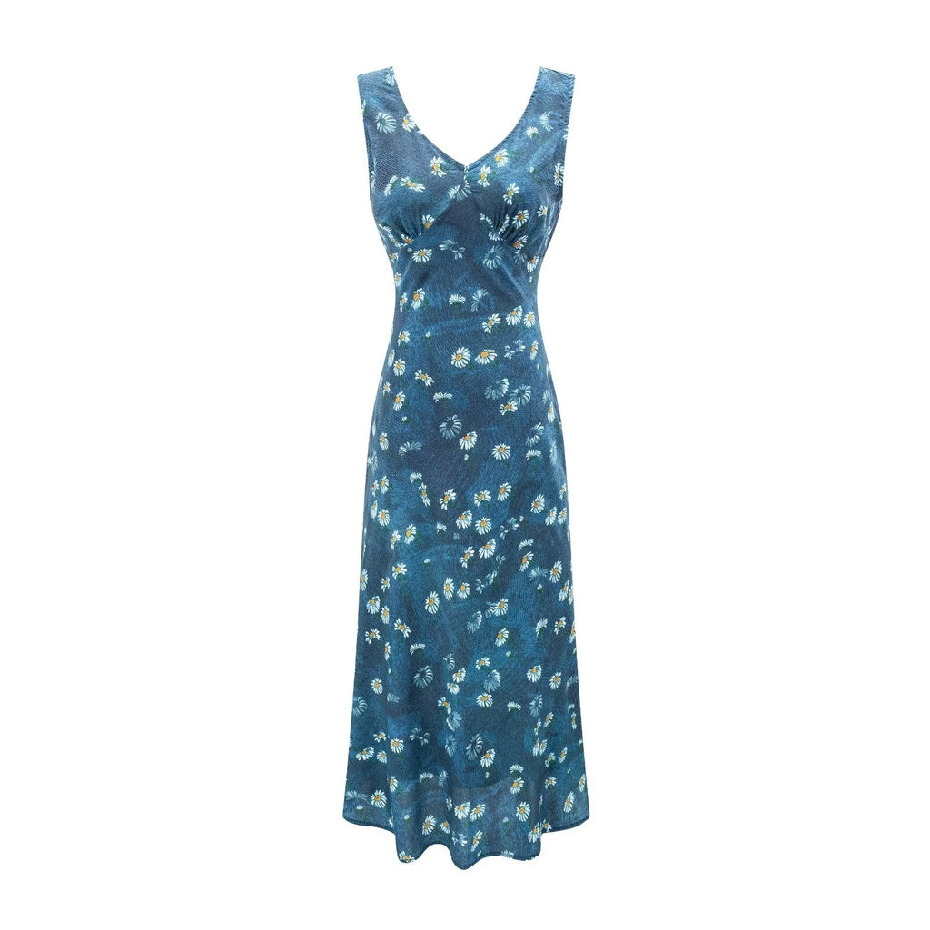 Winter Retro Printed Sexy V neck Lace up Tight Waist Blue Background Printed Dress