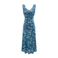 Winter Retro Printed Sexy V neck Lace up Tight Waist Blue Background Printed Dress