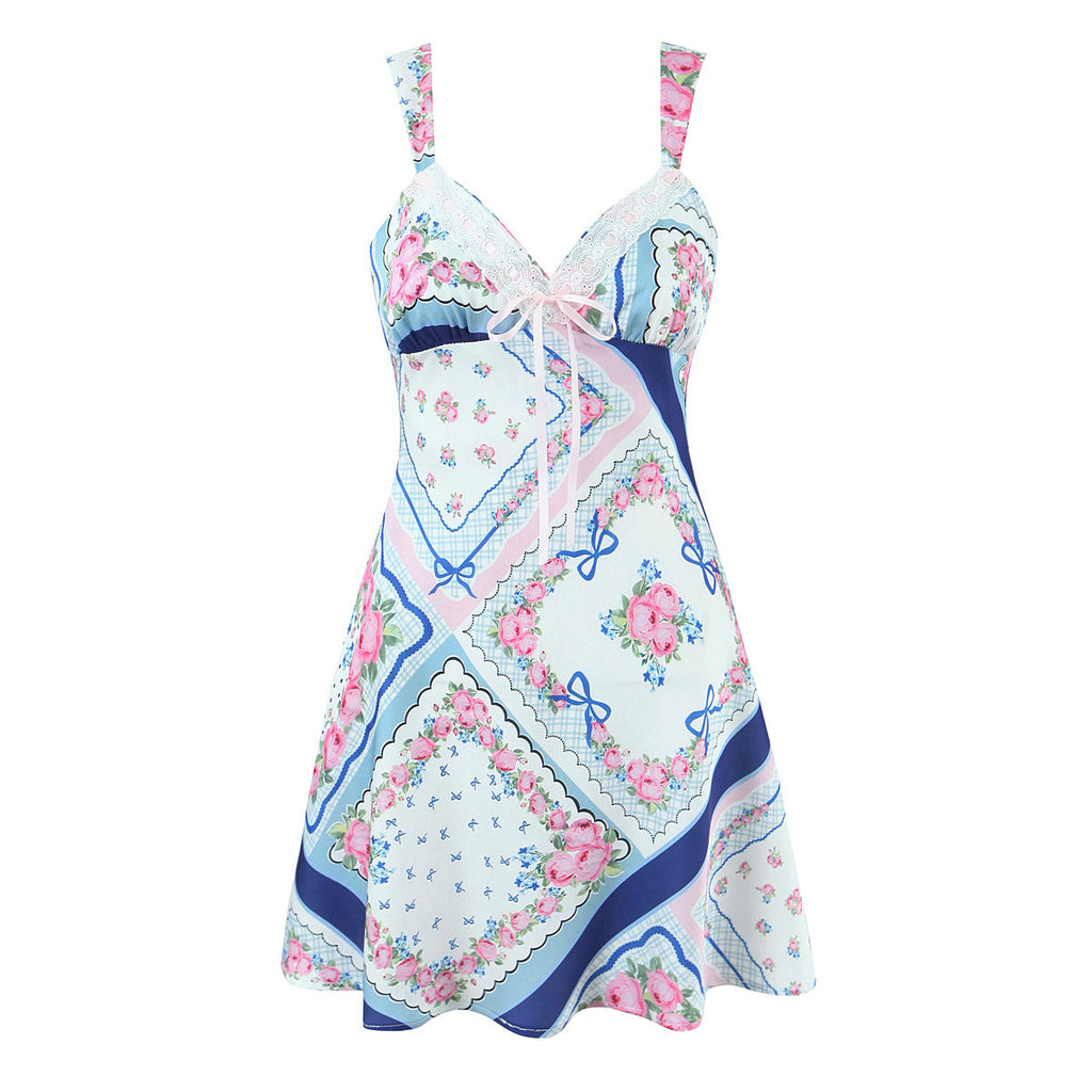French Romantic Printed Satin Mini Strap Dress Women Bow A line Dress