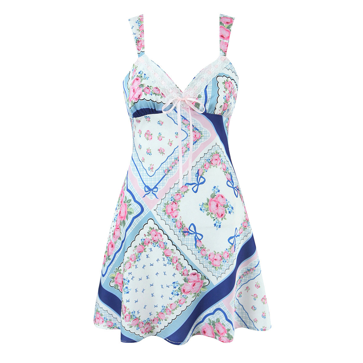 French Romantic Printed Satin Mini Strap Dress Women Bow A line Dress