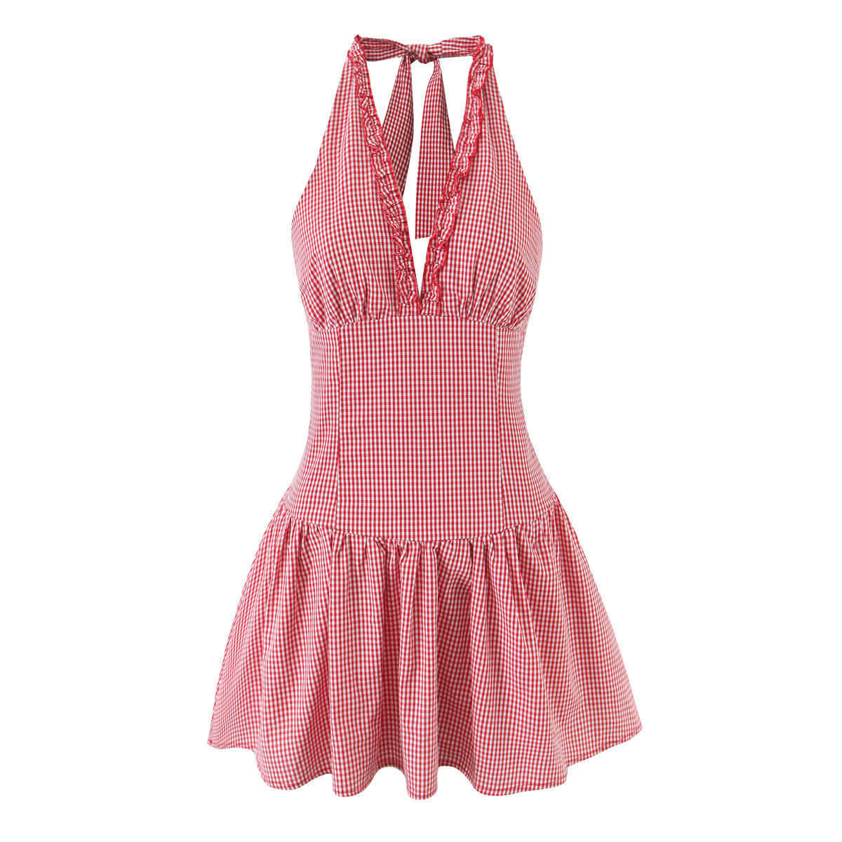 Love Clothes Spring Sweet Women Atmosphere Short Red Plaid Halter Dress