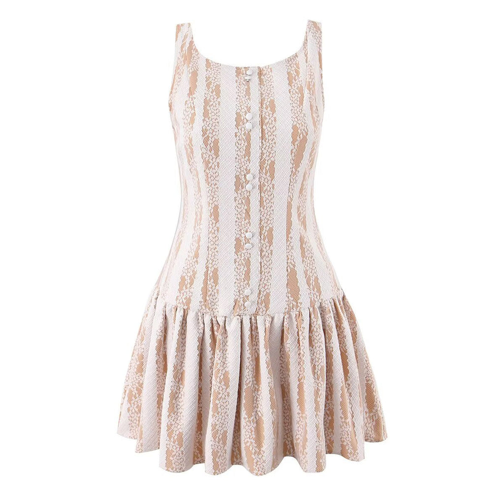 Winter Pure Wind Sleeveless round Neck Sexy Backless Lace Patchwork Waist Slimming Dress
