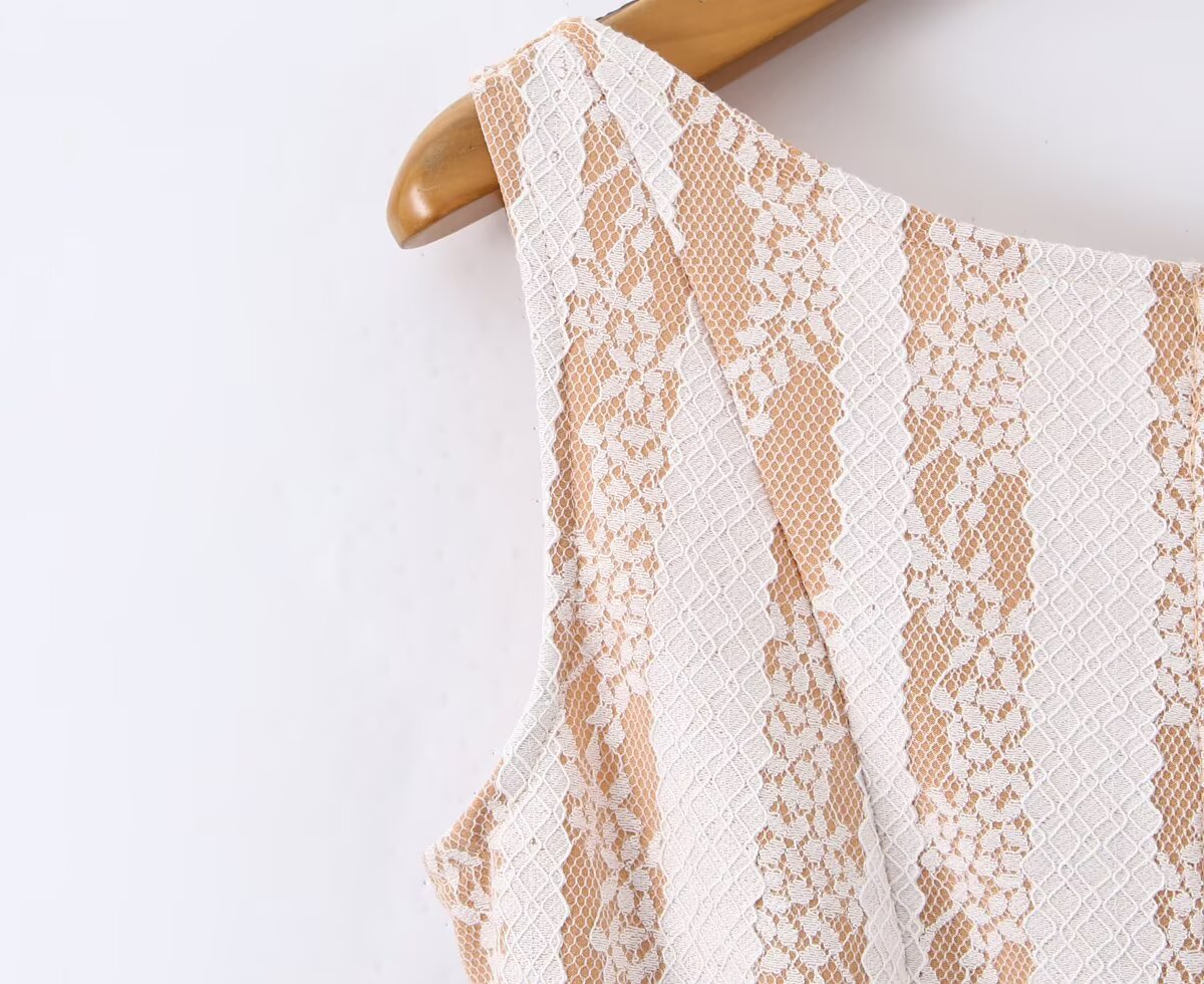 Winter Pure Wind Sleeveless round Neck Sexy Backless Lace Patchwork Waist Slimming Dress