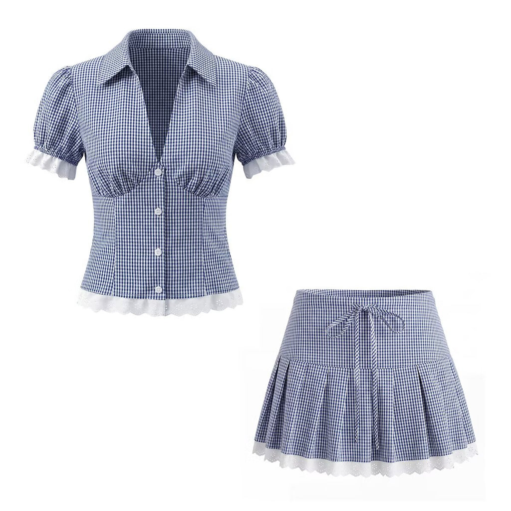 Women Elegant Blue White Fine Plaid Shirt Top Skirt Set