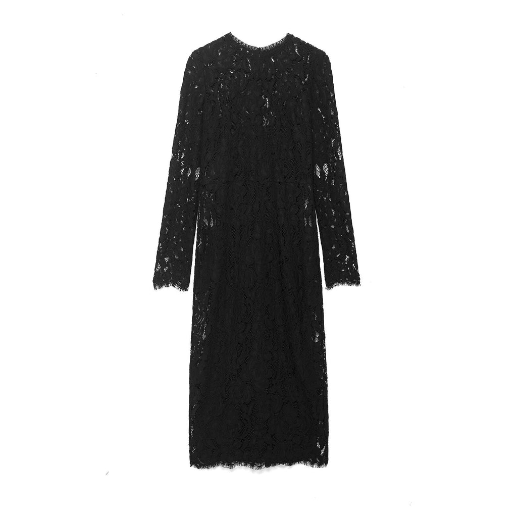 Autumn Women Clothing Fashionable Simple Black Lace Transparent Long Sleeve Dress