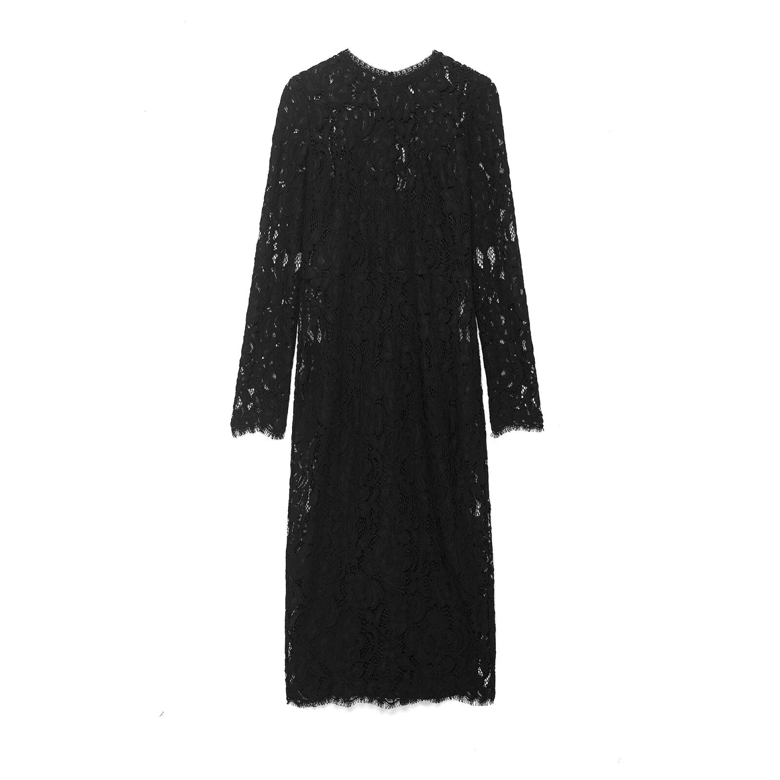 Autumn Women Clothing Fashionable Simple Black Lace Transparent Long Sleeve Dress