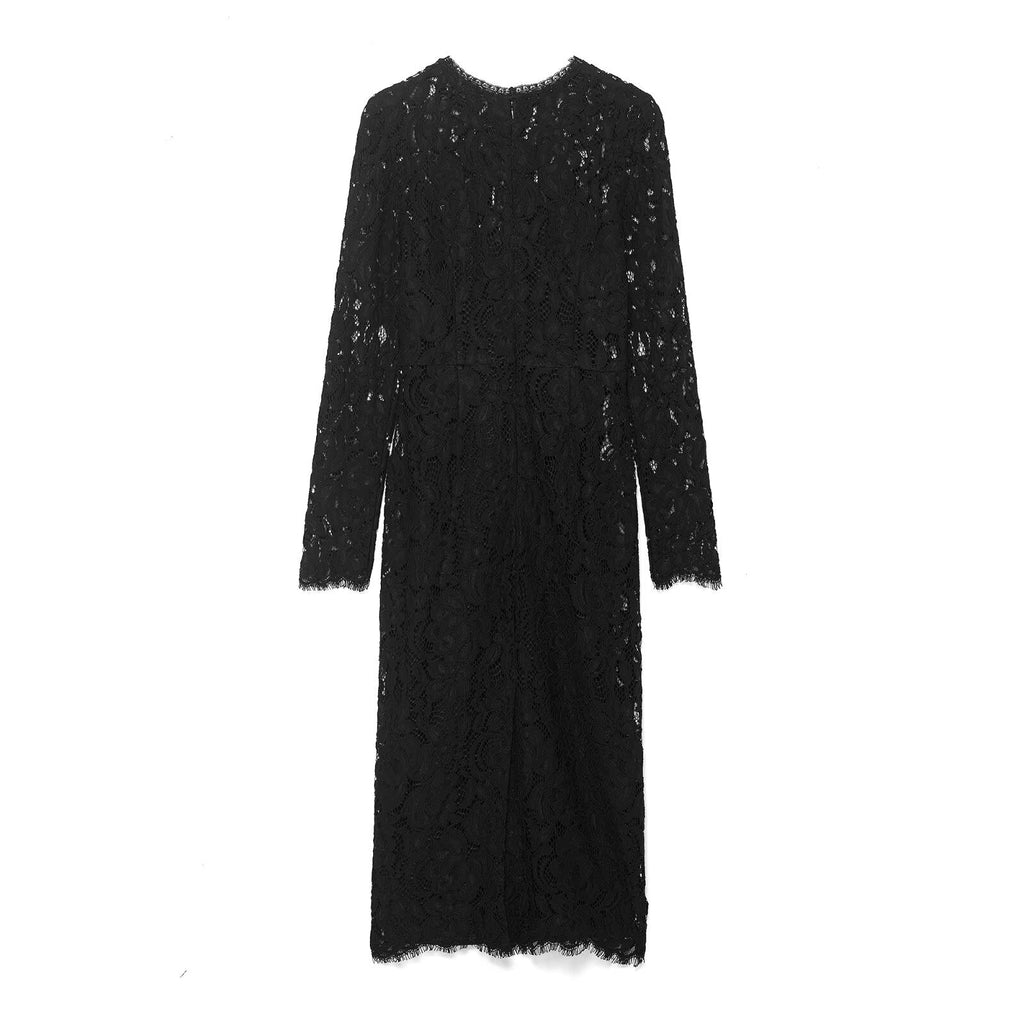 Autumn Women Clothing Fashionable Simple Black Lace Transparent Long Sleeve Dress