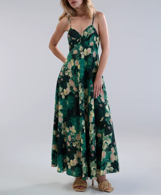 Women Clothing French Blackish Green Rose Printed Elegant Slim V neck Vacation Strap Maxi Dress