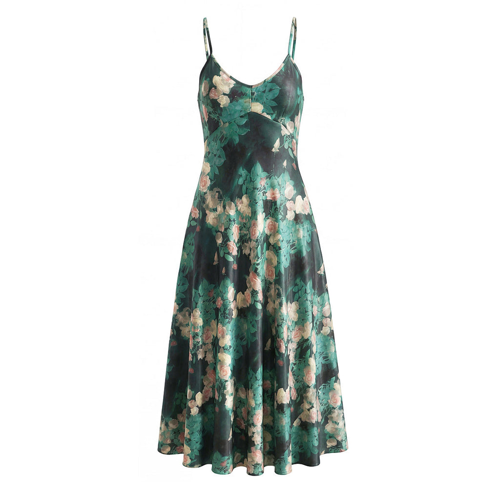 Women Clothing French Blackish Green Rose Printed Elegant Slim V neck Vacation Strap Maxi Dress