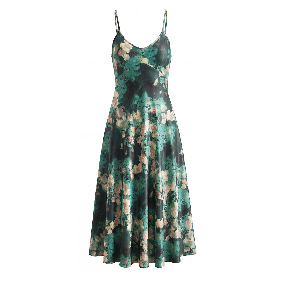 Women Clothing French Blackish Green Rose Printed Elegant Slim V neck Vacation Strap Maxi Dress