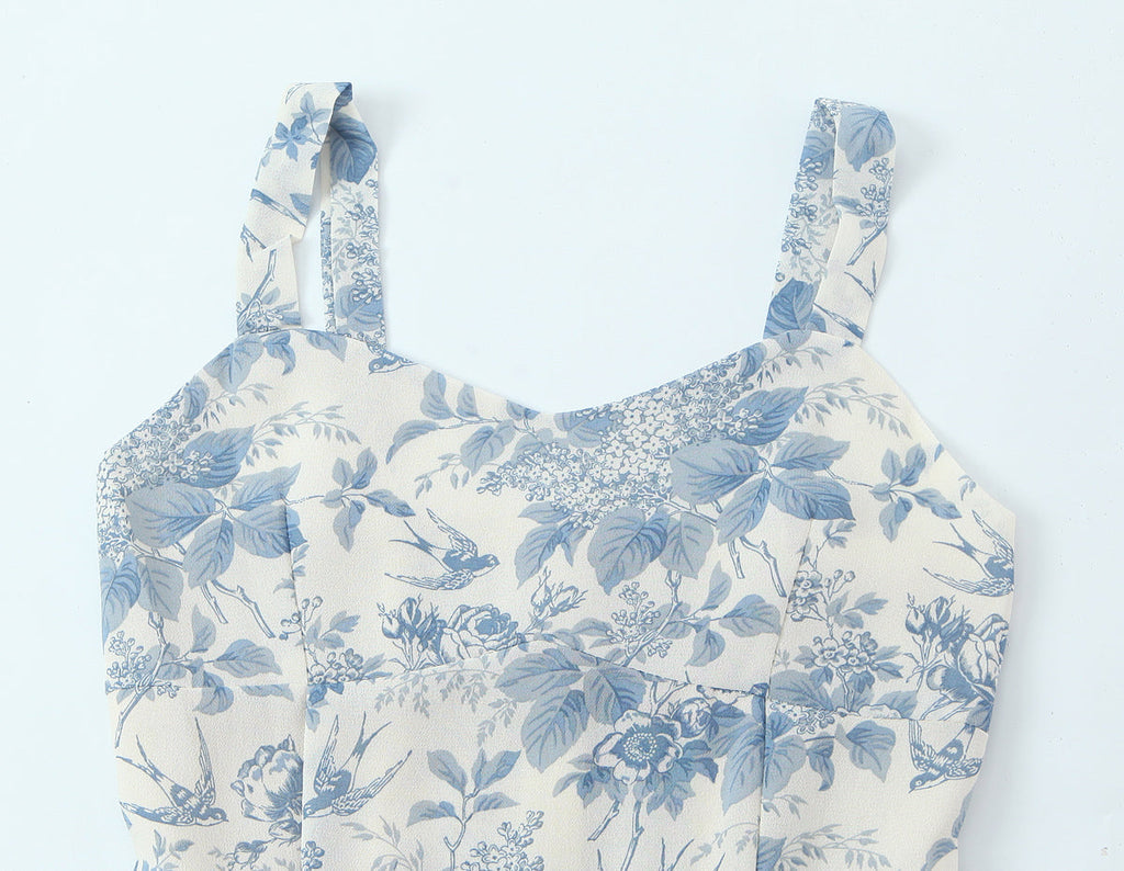 Floral Swallow Print Slim Fit Slimming Large Cami Dress for Women Spring