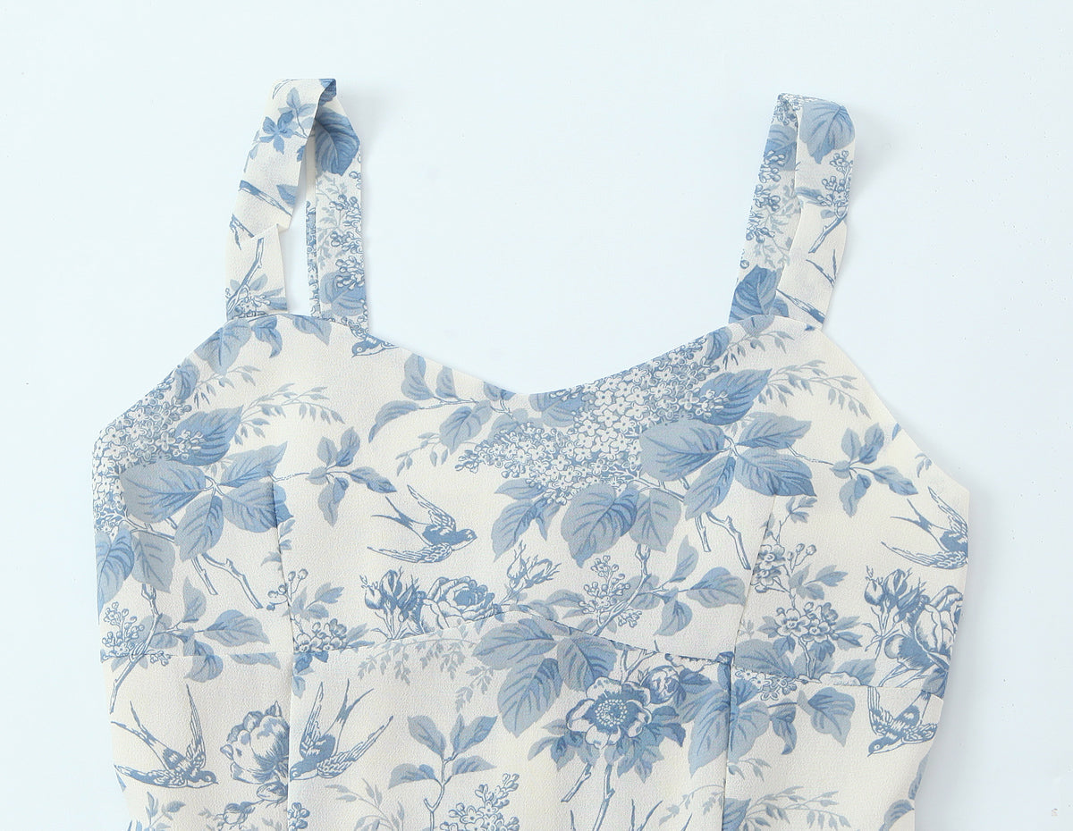 Floral Swallow Print Slim Fit Slimming Large Cami Dress for Women Spring
