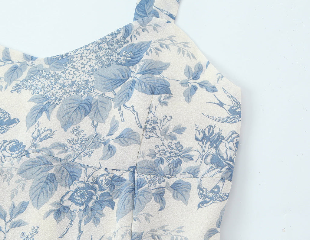 Floral Swallow Print Slim Fit Slimming Large Cami Dress for Women Spring