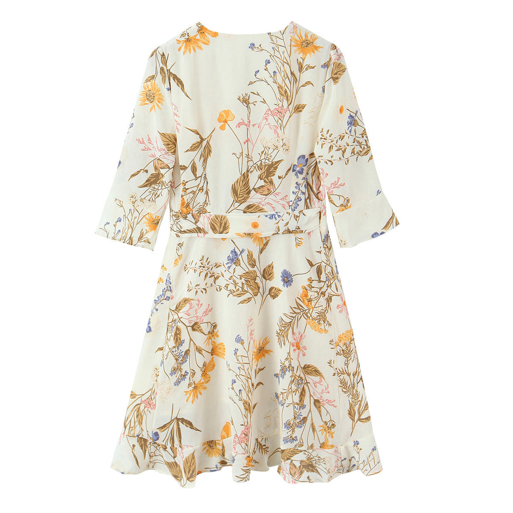 Autumn Winter Women Clothing Printed Lace up Ruffled Dress for Women