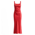 Back Cross Lace up Waist Controlled Dress Women Retro Square Collar Slim Fit Ruffle Hip Fishtail Dress