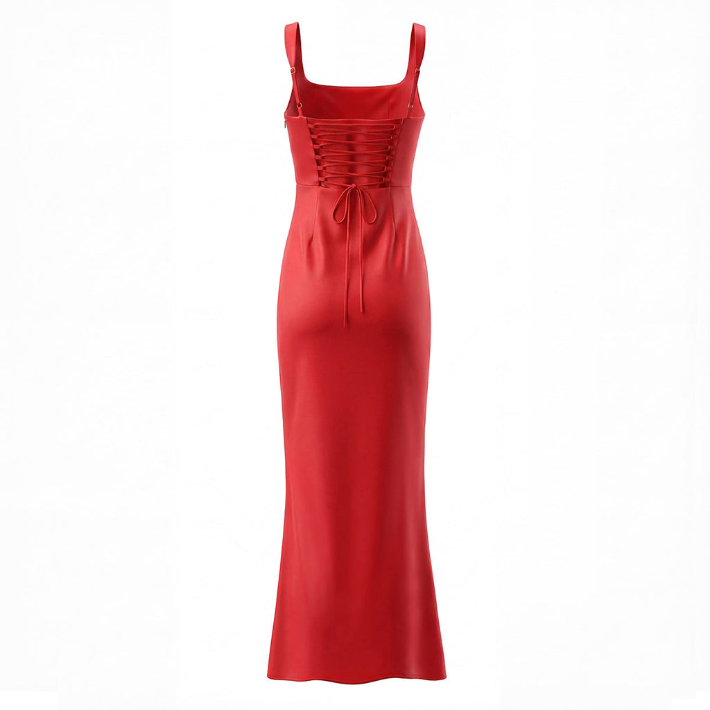 Back Cross Lace up Waist Controlled Dress Women Retro Square Collar Slim Fit Ruffle Hip Fishtail Dress
