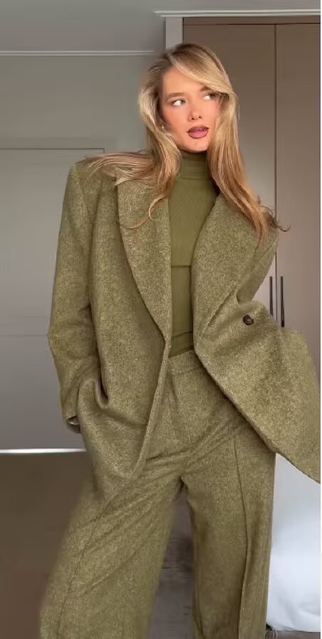 Women Clothing Spring Office One Button Blazer High Waist Wide Leg Pants