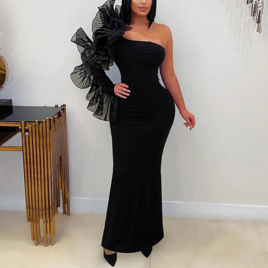 Shoulder Folding Lotus Leaf Maxi Dress Women Party