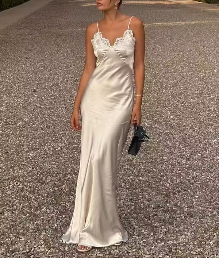 Women Clothing Spring Sexy Lace Stitching Satin Dress