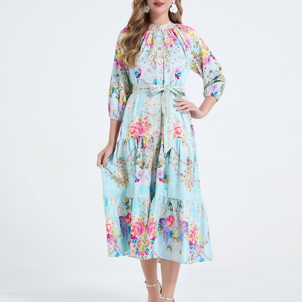 Women Printed Stand Up Collar Drawstring Waist Cinched Dress