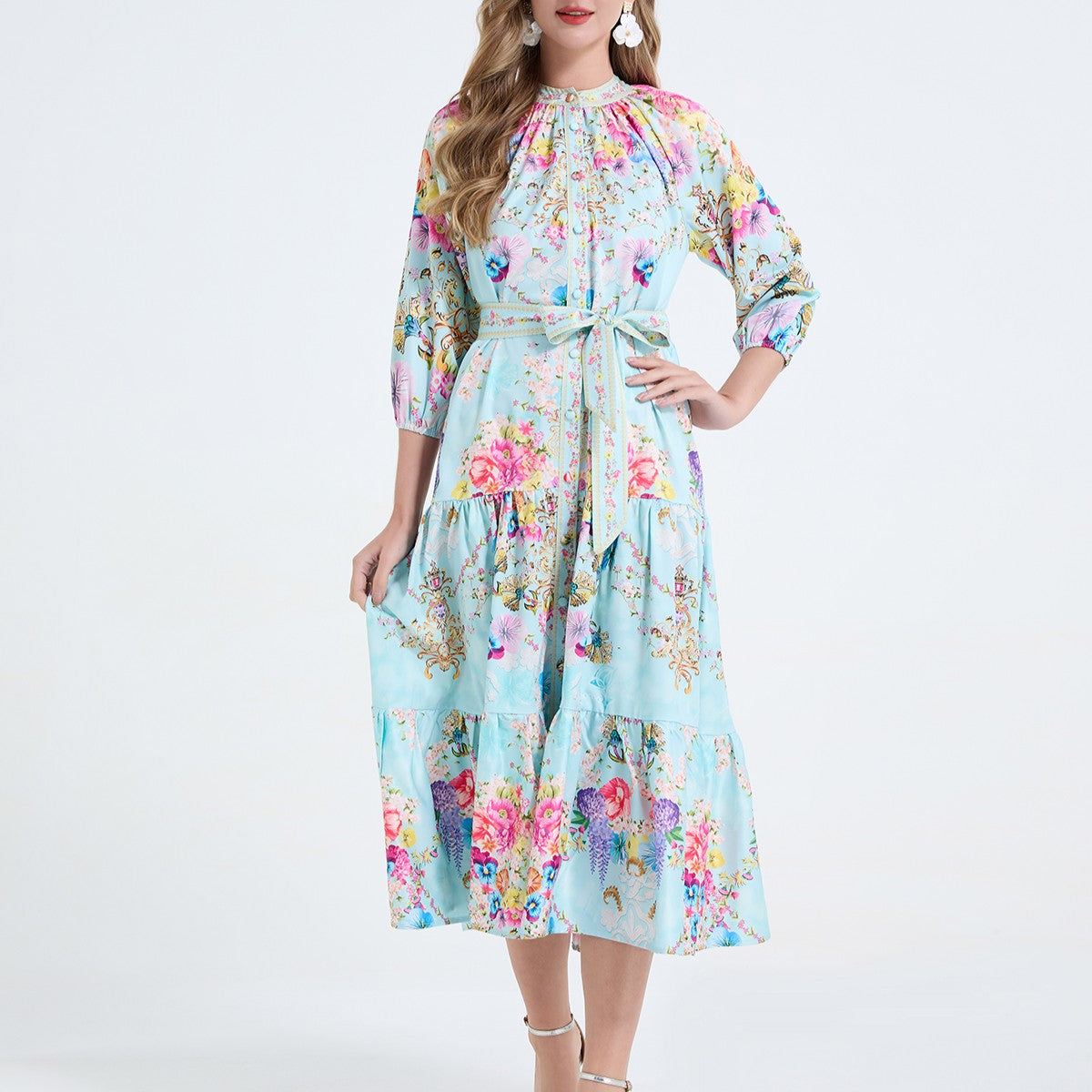 Women Printed Stand Up Collar Drawstring Waist Cinched Dress