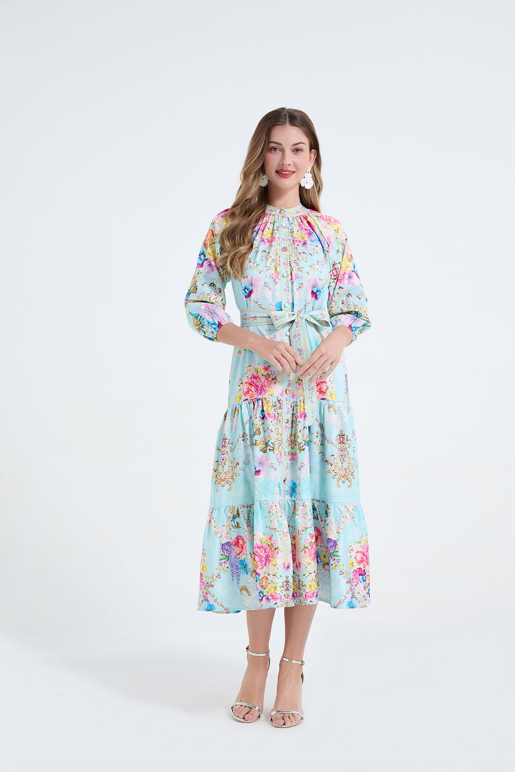 Women Printed Stand Up Collar Drawstring Waist Cinched Dress