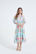Women Printed Stand Up Collar Drawstring Waist Cinched Dress
