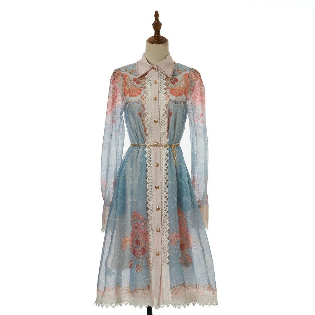 Women lace collar long sleeved belted printed blouse short Dress elegant dress