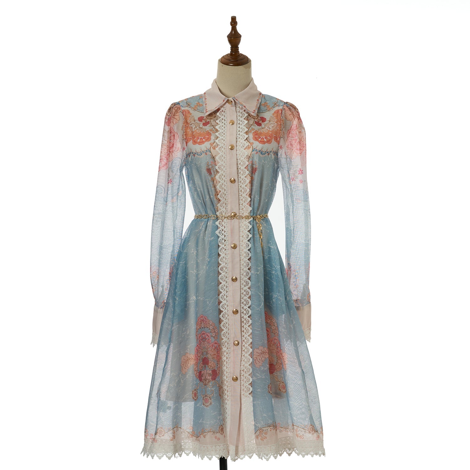 Women lace collar long sleeved belted printed blouse short Dress elegant dress