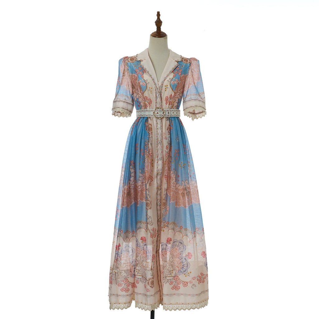 Women Autumn Print Stand Up Collar Single Button Elegant And Stylish Long Sleeved Dress