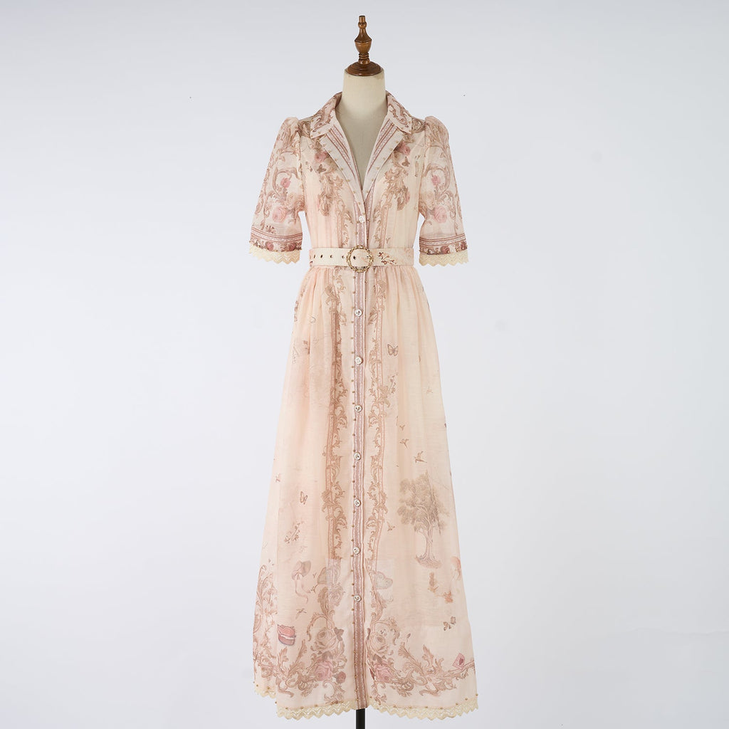 Women Autumn Print Stand Up Collar Single Button Elegant And Stylish Long Sleeved Dress