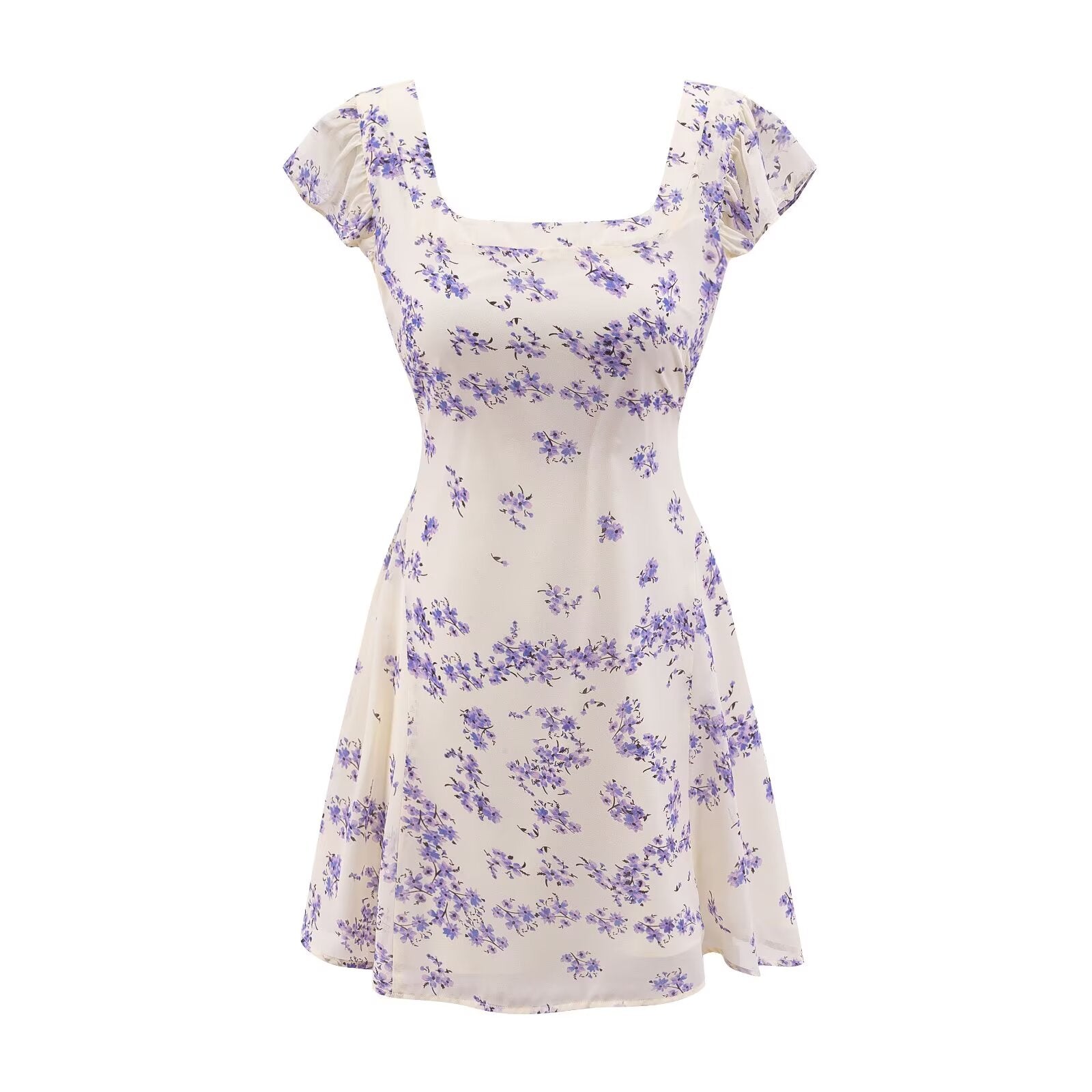Early Spring Fresh White Background Floral Square Collar Short Sleeve Lace up Waist Controlled Dress