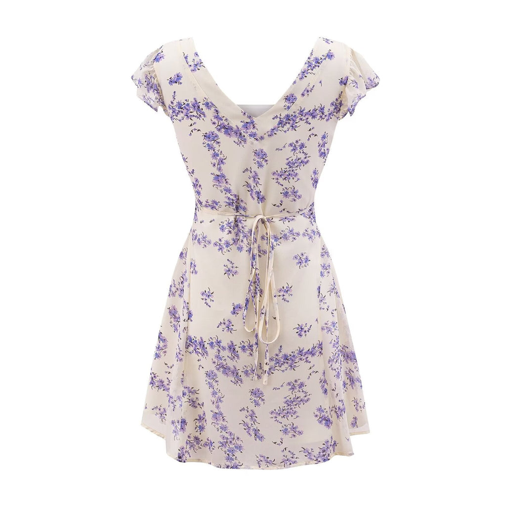 Early Spring Fresh White Background Floral Square Collar Short Sleeve Lace up Waist Controlled Dress